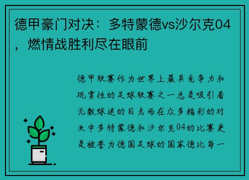 德甲豪门对决：多特蒙德vs沙尔克04，燃情战胜利尽在眼前